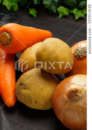 Carrots, onions and potatoes Carrots, onions and potatoes 105913636