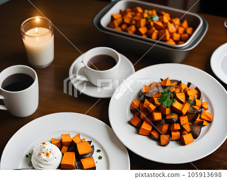 Cozy restaurant with warm lighting and details. Cozy restaurant with warm lighting and details. 105913698