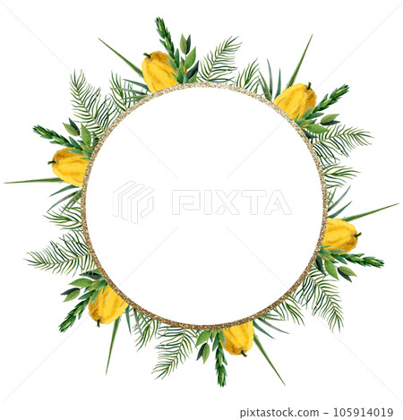 Elegant Sukkot traditional plants round frame floral watercolor illustration isolated on white background. Template with etrog, four species for Jewish holiday greeting cards, stickers 105914019