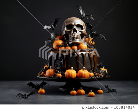 Creative chocolate cake with a skull for Halloween. Halloween celebration. Decoration of the dessert table for the celebration of Halloween. 105914034