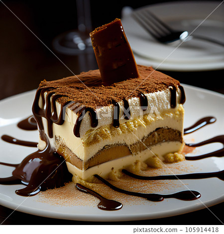 A piece of tiramisu cake on a white plate in restaurant is doused with chocolate A piece of tiramisu cake on a white plate in restaurant is doused with chocolate 105914418