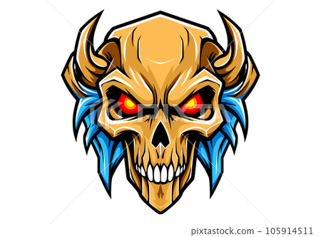 Skull sign or icon with horns. Mascot skull emblem with outline. 105914511