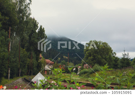 view of little railway station in carpathian mountains view of little railway station in carpathian mountains 105915091