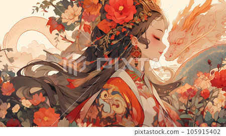 手绘卡通唯美的中国古装宫廷少女插画 105915402