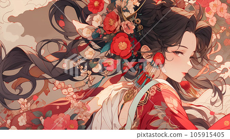 手绘卡通唯美的中国古装宫廷少女插画 105915405