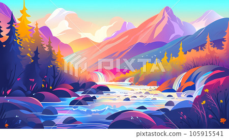 Hand-painted cartoon beautiful landscape illustration background material 105915541