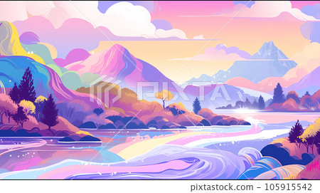 Hand-painted cartoon beautiful landscape illustration background material 105915542