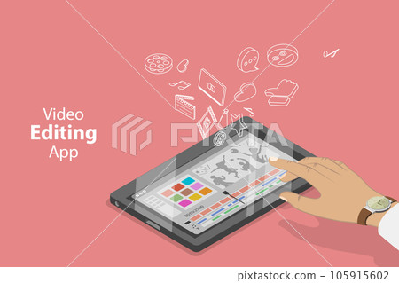 3D Isometric Flat Vector Conceptual Illustration of Mobile Video Editing App 105915602