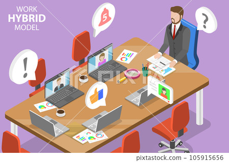 3D Isometric Flat Vector Conceptual Illustration of Hybrid Work Model 105915656