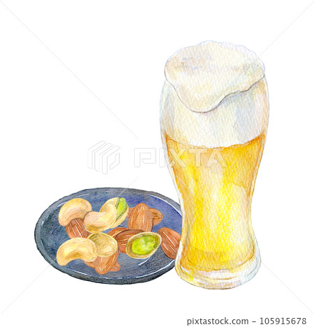 Beer and snacks evening drink set watercolor illustration 105915678