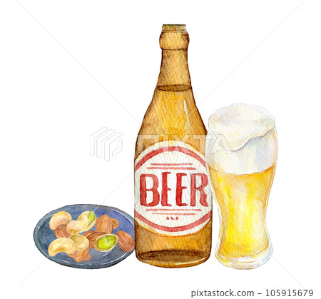 Beer and snacks evening drink set watercolor illustration 105915679