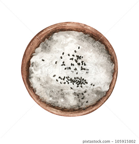 White rice and black sesame seeds in a wooden bowl. Watercolor illustration. White rice and black sesame seeds in a wooden bowl. Watercolor illustration. 105915802
