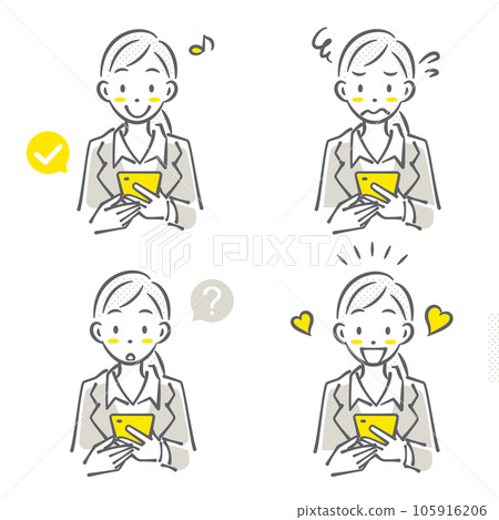 一組穿著西裝的女性使用智能手機簡單時尚的線條畫插圖 一組穿著西裝的女性使用智能手機簡單時尚的線條畫插圖 105916206