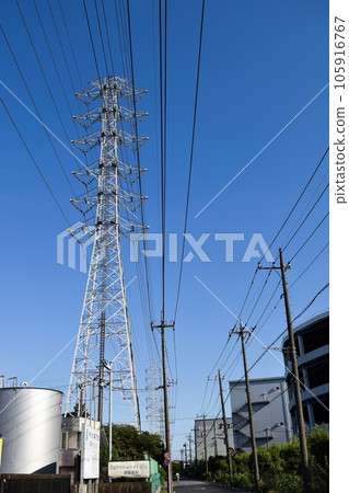 Scenery with power lines and wires lined up on both sides of the road (blue sky background) Scenery with power lines and wires lined up on both sides of the road (blue sky background) 105916767