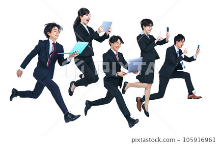 PNG一群年輕商人用數字設備跳躍背景透明剪輯 105916961