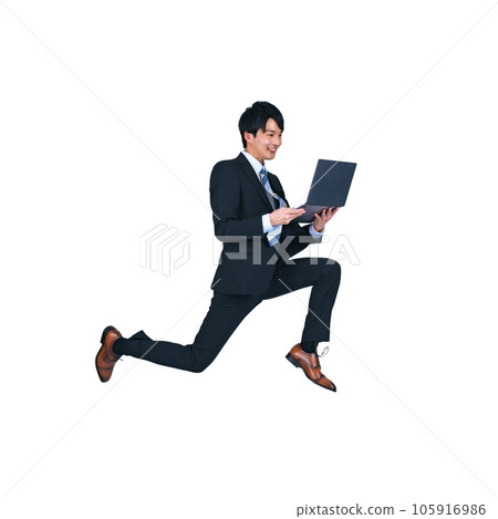 A young businessman jumping while looking at a laptop Background transparent clipping PNG A young businessman jumping while looking at a laptop Background transparent clipping PNG 105916986