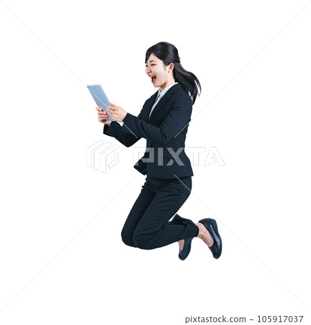 Business woman jumping while looking at tablet Background transparent PNG Business woman jumping while looking at tablet Background transparent PNG 105917037
