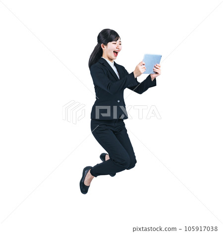 Business woman jumping while looking at tablet Background transparent PNG 105917038
