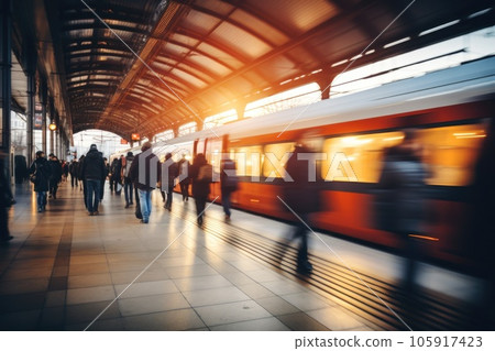 Fast moving crowd of people on a busy street with long exposure. Generative AI 105917423