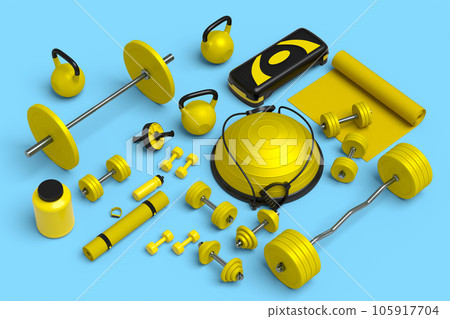 Isometric view of sport equipment like kettlebell, dumbbell and yoga mat 105917704