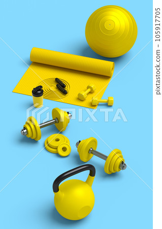 Isometric view of sport equipment like kettlebell, fitness ball and yoga mat 105917705