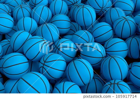 Many of flying blue basketball ball falling on pink background 105917714