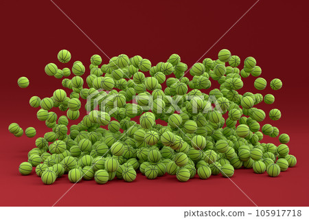Many of flying green basketball ball falling on red background 105917718