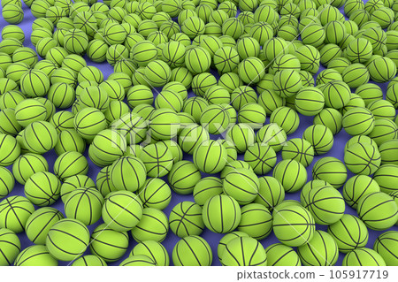 Many of flying green basketball ball falling on violet background 105917719