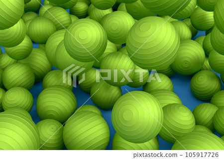 Many of flying green fitness ball or fitball falling on blue background Many of flying green fitness ball or fitball falling on blue background 105917726