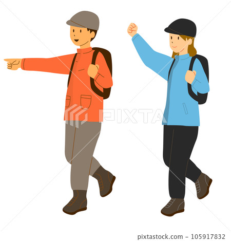 Illustration of men and women happily hiking 105917832