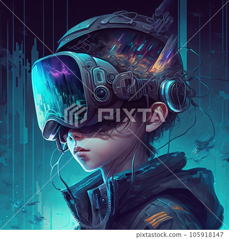 Concept art of a futuristic boy connected to the metaverse, oculus, glasses, living in virtual digital reality cyberspace, mental images gadget .Ai generated 105918147