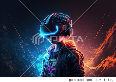 Concept art of a futuristic boy connected to the metaverse, oculus, glasses, living in virtual digital reality cyberspace, mental images gadget .Ai generated Concept art of a futuristic boy connected to the metaverse, oculus, glasses, living in virtual digital reality cyberspace, mental images gadget .Ai generated 105918149
