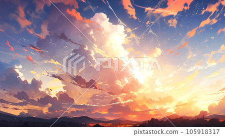 秋天的天空，黃昏時的秋天天空的動漫風格插圖 AI 生成的圖像 105918317