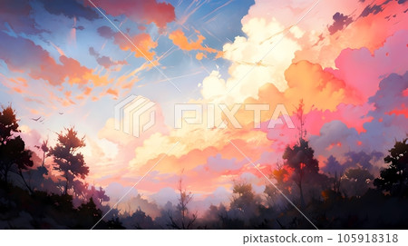 秋天的天空，黃昏時的秋天天空的動漫風格插圖 AI 生成的圖像 105918318