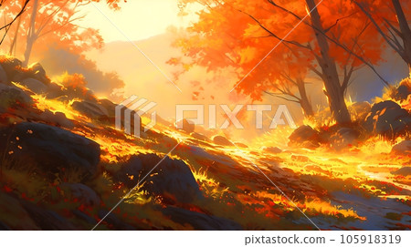 秋天背景，山景插圖，樹木變成紅色 AI 生成圖像 105918319