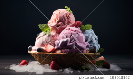 Bowl of ice cream scoops of different colors and flavours 105918362