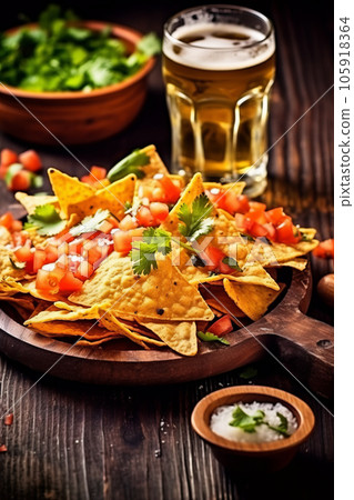nachos with beer on restaurant table, party food 105918364