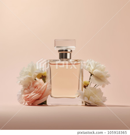 bottle of perfume surrounded with flowers. AI generated 105918365