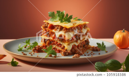 Close-up of a traditional lasagna made with minced beef bolognese sauce topped with basil leafs served on a white plate Close-up of a traditional lasagna made with minced beef bolognese sauce topped with basil leafs served on a white plate 105918386
