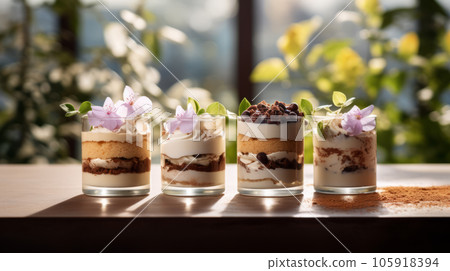Traditional italian dessert tiramisu decorated with edible flowers Traditional italian dessert tiramisu decorated with edible flowers 105918394