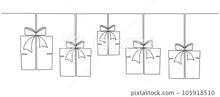 Gift boxes with bows hand drawing single line. Vector stock illustration isolated on background for design template Christmas, wedding or birthday banner, invitation, greeting card. Editable stroke. 105918510