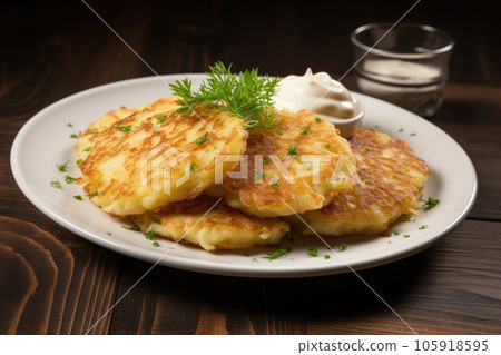 Potato pancakes draniki with herbs and sour cream 105918595