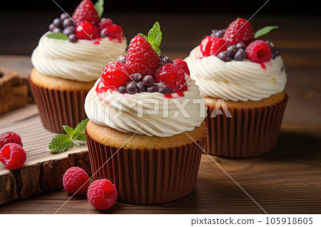 Vanilla cupcakes with cream and berries Vanilla cupcakes with cream and berries 105918605