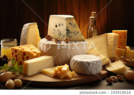 Photo of a set of different types of cheeses with grapes 105918616