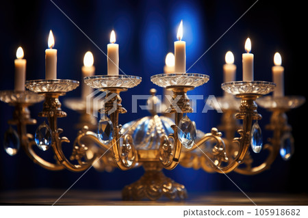 Close-up of a beautifully lit Hanukkah menorah Close-up of a beautifully lit Hanukkah menorah 105918682