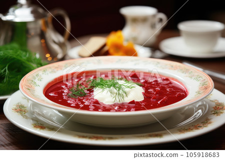 Red borscht with sour cream is served on the table with vegetables and onions Red borscht with sour cream is served on the table with vegetables and onions 105918683