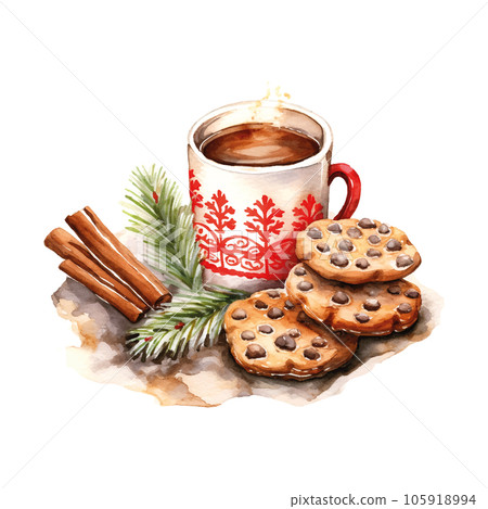 Christmas coffee with cookies in watercolor style on white background. 105918994
