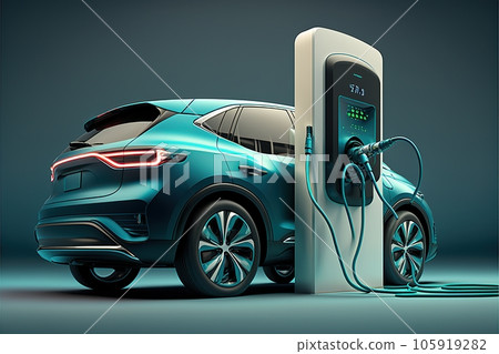 EV car with Electric charging station charger background. Technology and transportation concept. Ai Generative 105919282