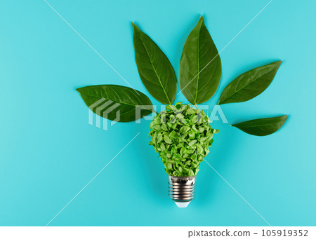 Fresh Leaves Shaped as a Green Lightbulb - Organic Growth and Eco-Consciousness - Symbolic Representation of Green Energy Fresh Leaves Shaped as a Green Lightbulb - Organic Growth and Eco-Consciousness - Symbolic Representation of Green Energy 105919352