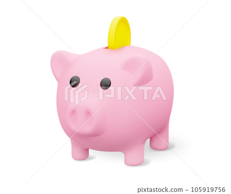 Cute Pink 3d Cartoon Piggy Bank with Yellow Coin Isolated on White Background. Concept of Banking, Savings or Investment. Vector Illustration of 3d Render. Cute Pink 3d Cartoon Piggy Bank with Yellow Coin Isolated on White Background. Concept of Banking, Savings or Investment. Vector Illustration of 3d Render. 105919756